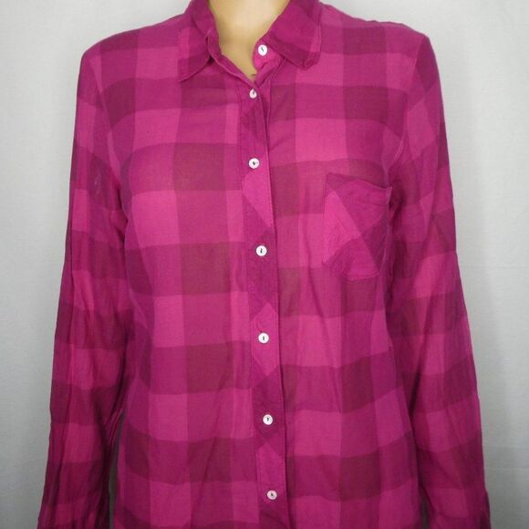 Splendid Long Sleeve Button Up Plaid Shirt Pink Medium 100% Cotton Lightweight - Picture 2 of 11